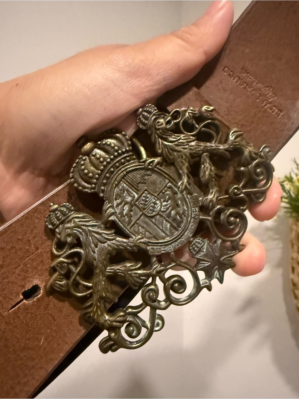 Vintage Levi's Brown Leather Belt with Ornate Antiqued Brass Emblem